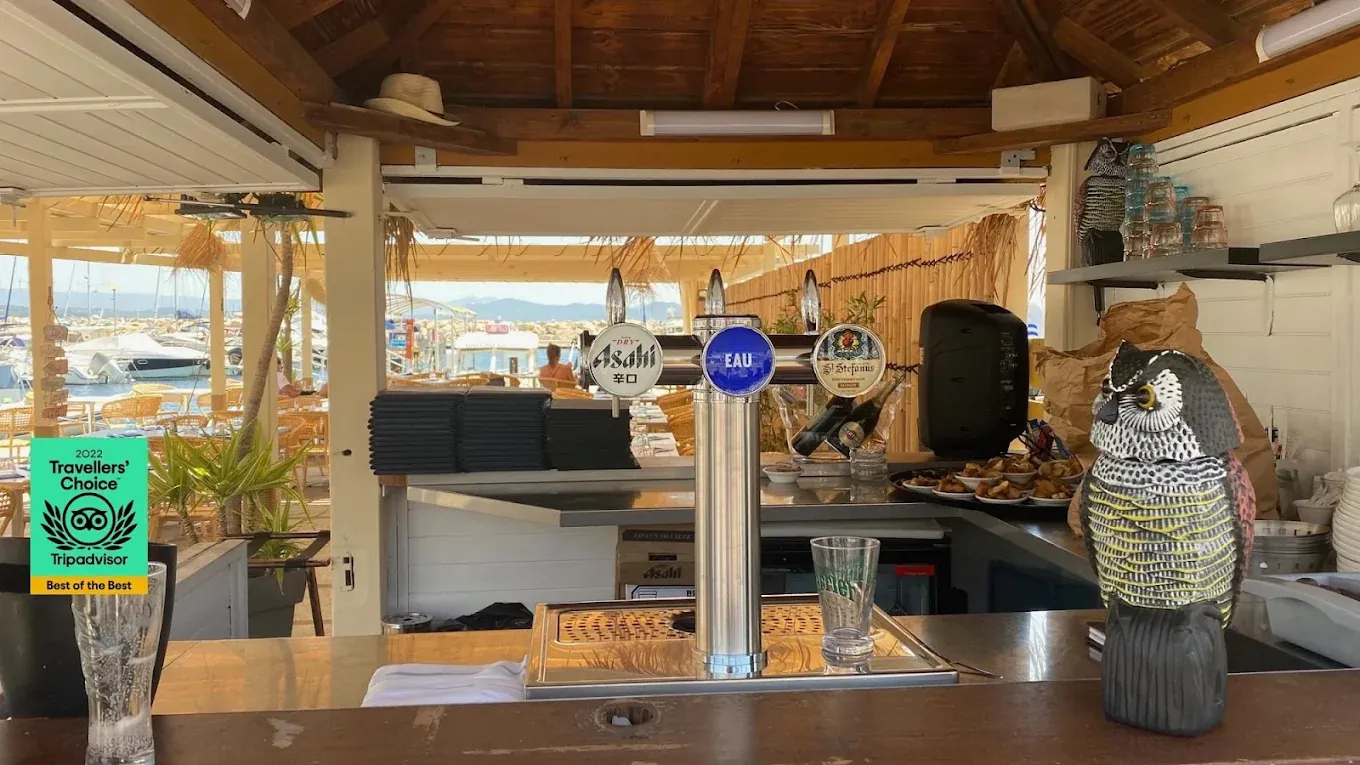 Bar et terrasse du Pass'Port, avec le port de plaisance en arrière-plan